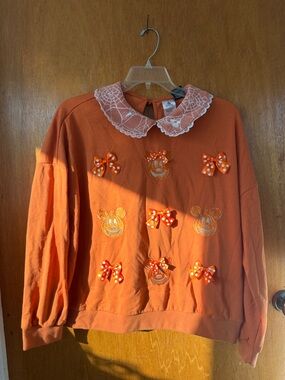 Disney Orange Crewneck Sweater with Lace Collar & Polka Dot Bows